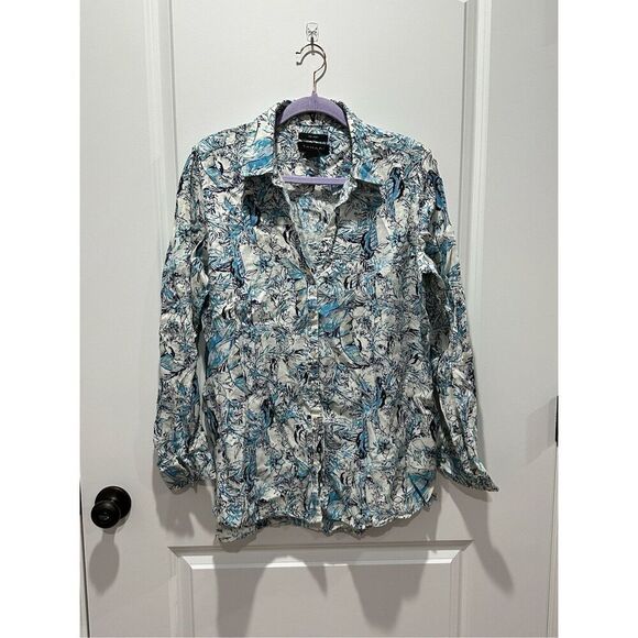 Tahari Blue and white Tropical Print Tunic 100% Linen Size Large - Picture 1 of 6